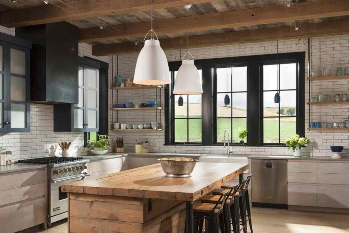 kitchen island tiles texture matched with wall and floor